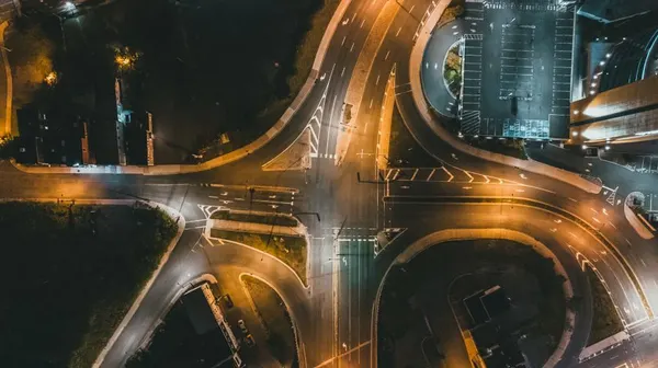 Road junction at night, seen from above