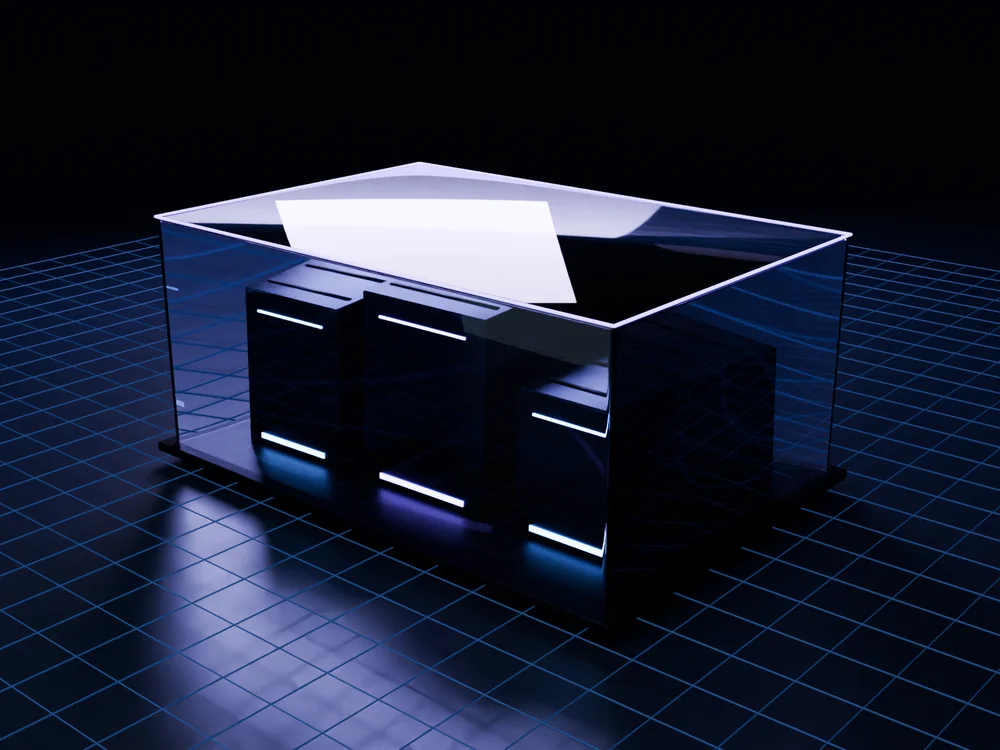 A sealed glass block with three lit systems inside: data and search, AI models, application services