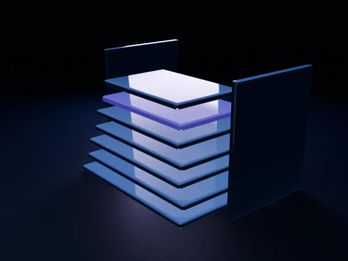 The Mekong OS glass stack with six capability pins on its layers